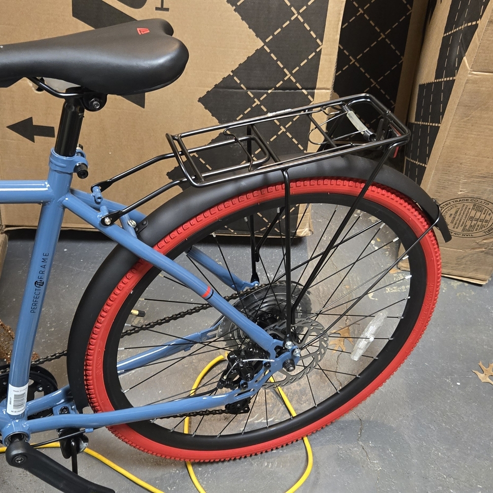 Blue and Red Bicycle with Rear Rack
